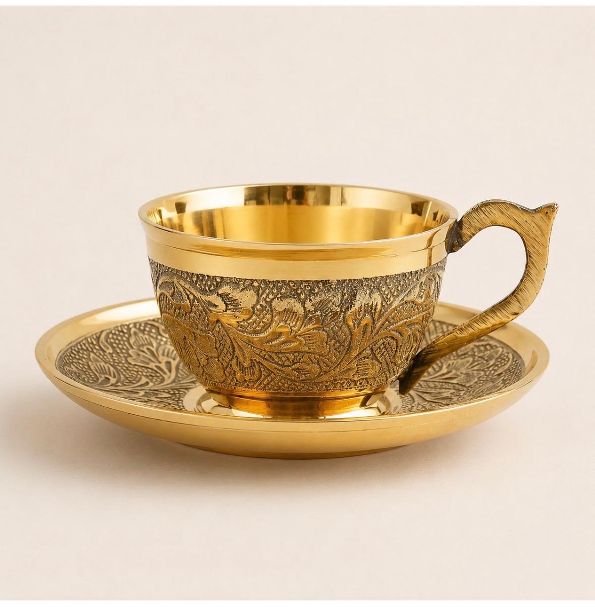 Gold-Engraved Brass Cup & Saucer
